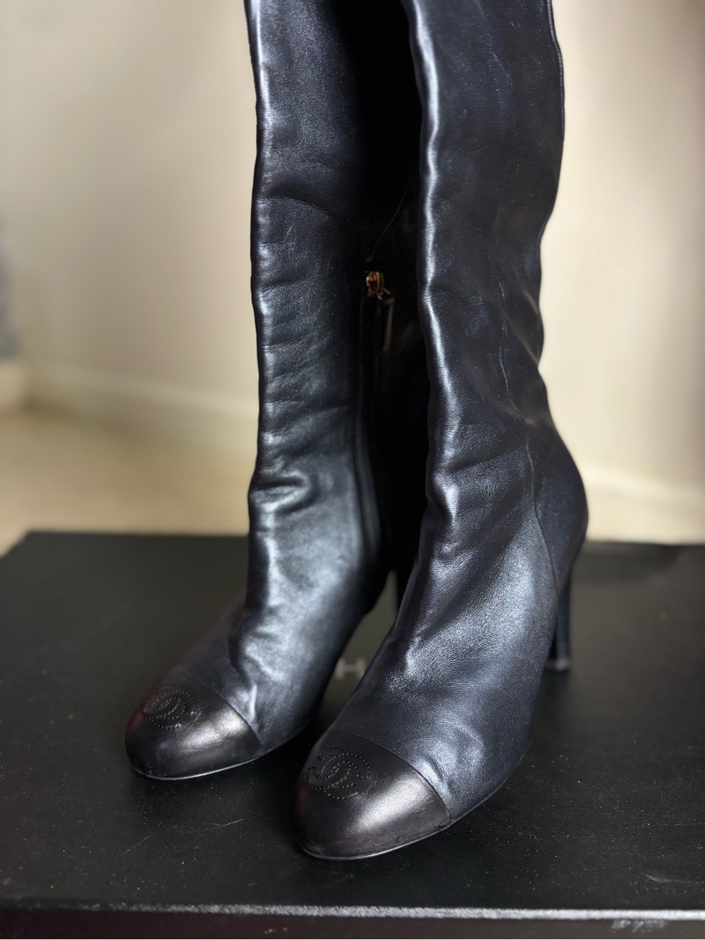 CHANEL Black Leather Over-the-Knee High-Heel Boots